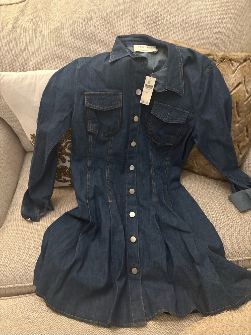 EXQUISE LONG-SLEEVE DENIM MINI DRESS - Picture 5 of 15